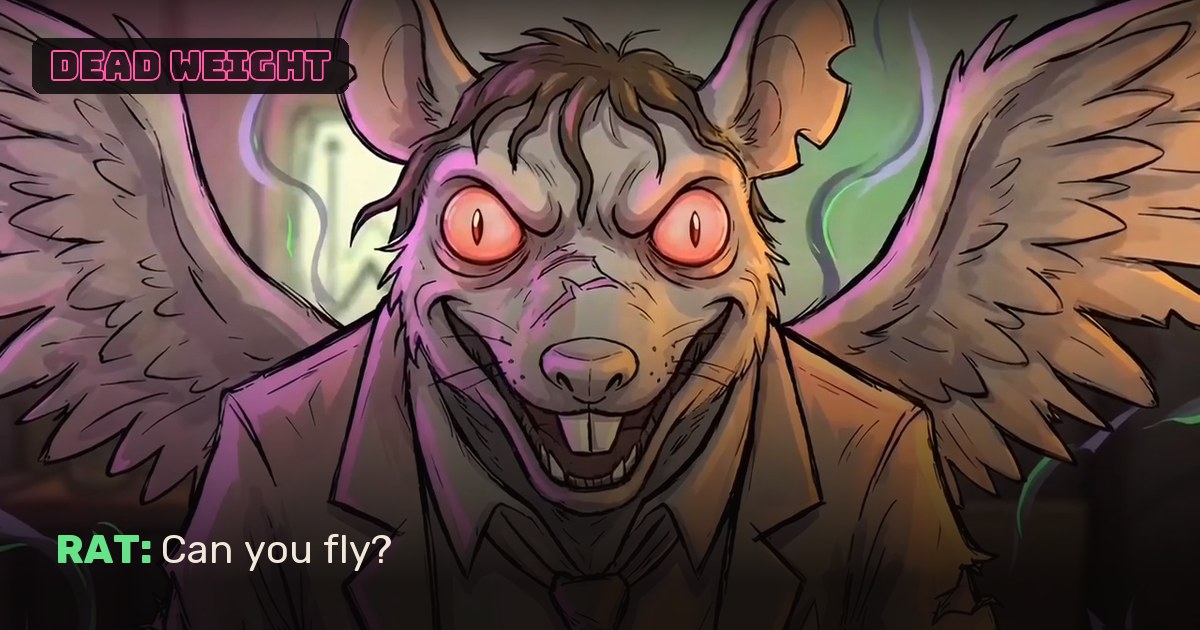 The Flying Rat in close-up, red-eyed and grinning, wings raised behind him.