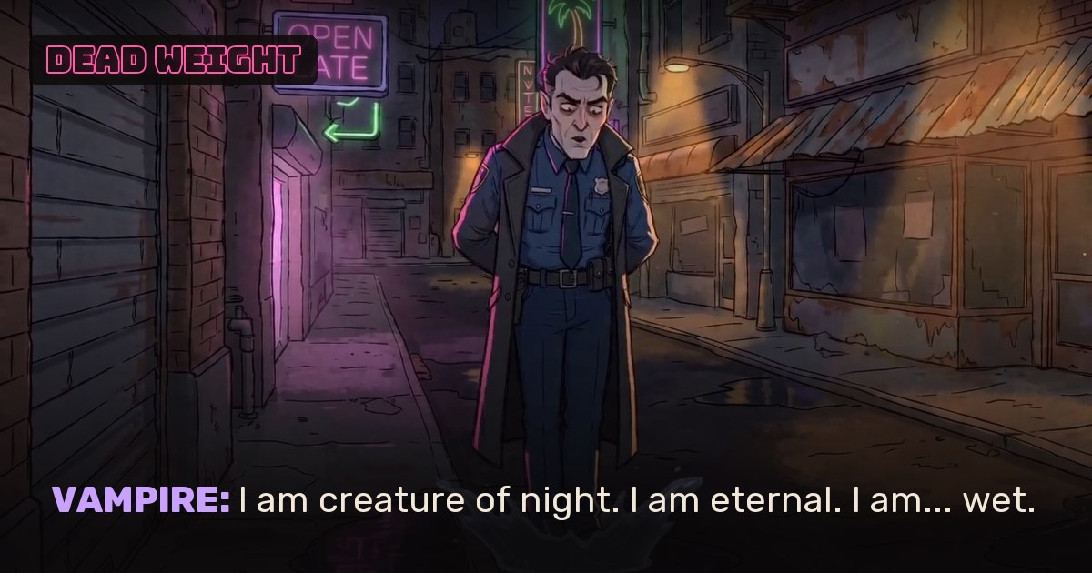 The Vampire standing in a wet alley under neon signs.