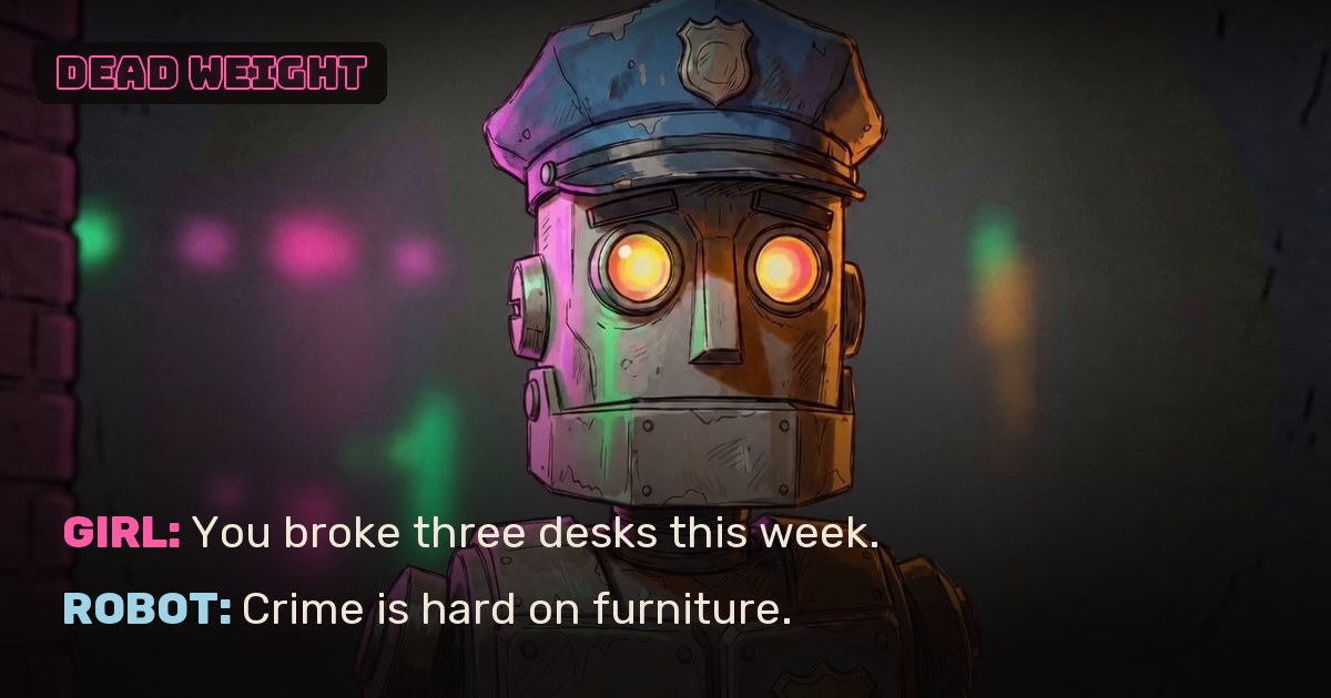 The Robot in a police cap, deadpan, his eyes glowing.
