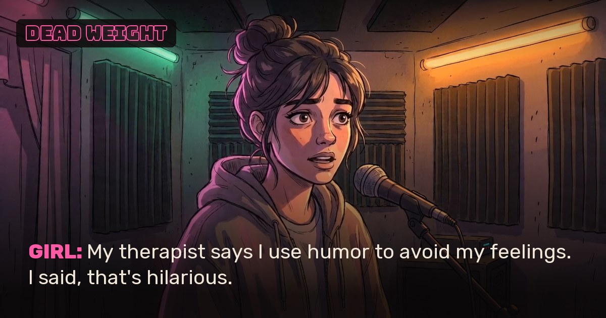 The Girl at the microphone of an empty comedy club.