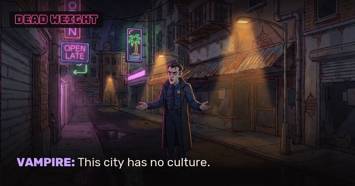 The Vampire in a neon-lit alley, arms spread.