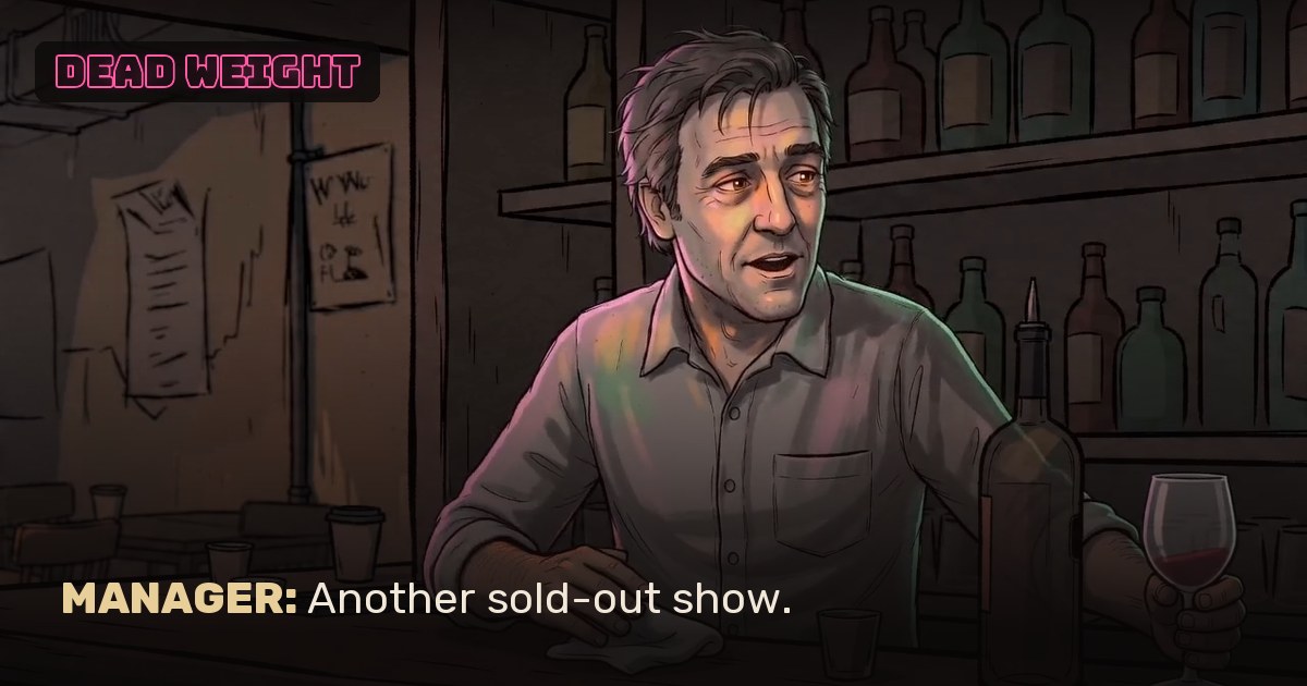 The Manager behind the bar of his empty club, a glass of red wine in hand.