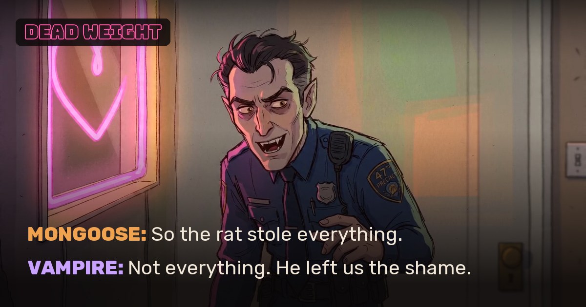 The Vampire, in a police uniform, beside a neon heart.